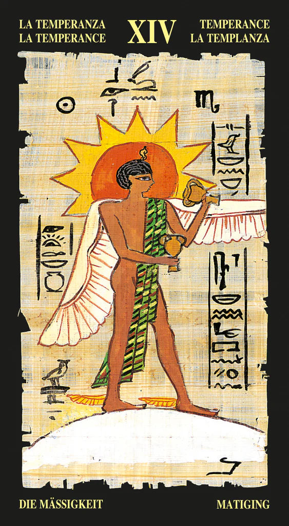 Tarot card titled 'La Temperanza' with Egyptian-themed design and text.