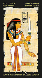 Illustration of an Egyptian woman holding a sword with hieroglyphics on a beige background