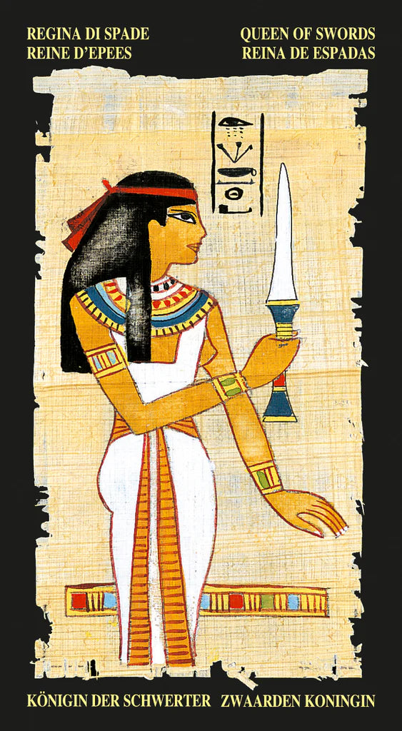 Illustration of an Egyptian woman holding a sword with hieroglyphics on a beige background