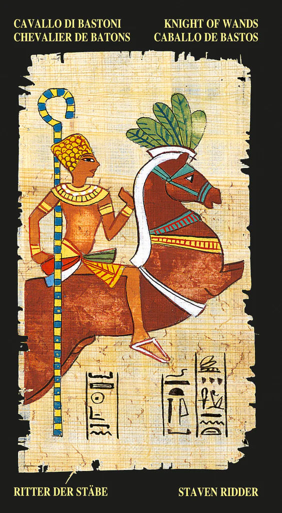 Card featuring a figure on horseback with Egyptian-style art and hieroglyphs.