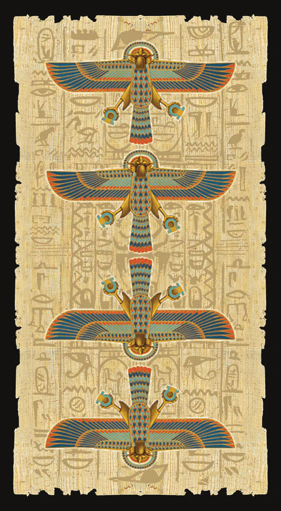 Decorative panel with winged solar disc and hieroglyphs on a beige background