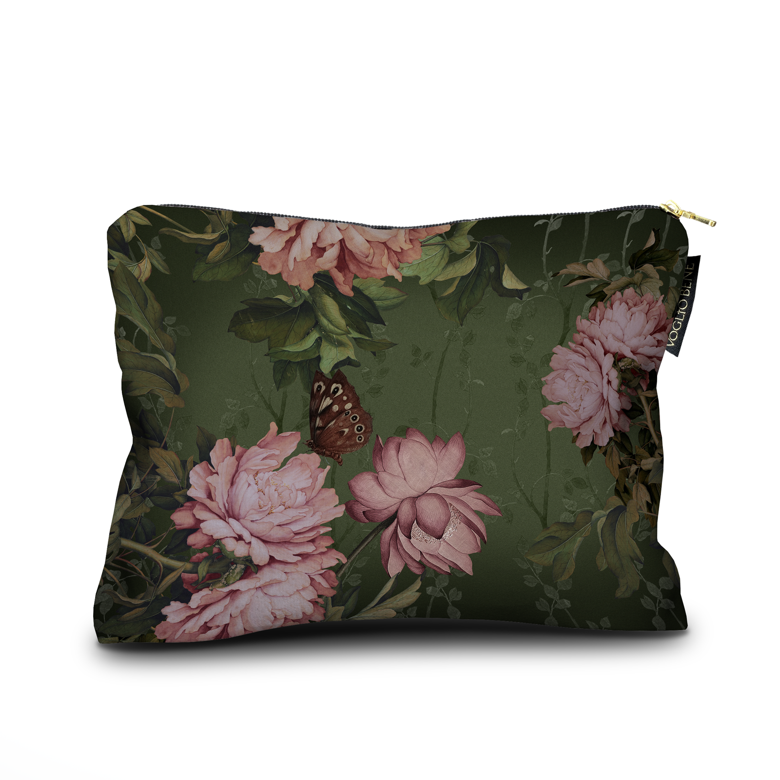 Floral-patterned pouch with pink flowers and a butterfly on a green background