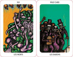 Two tarot cards titled 'Les Morts' and 'Les Barons' with colorful illustrations.