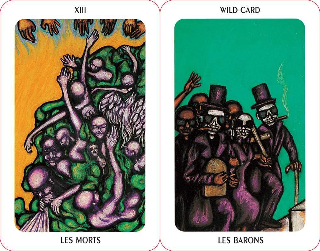 Two tarot cards titled 'Les Morts' and 'Les Barons' with colorful illustrations.