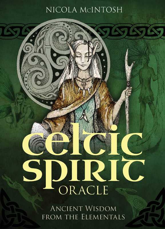 Book cover of 'Celtic Spirit Oracle' with a woman holding a staff on a green background.
