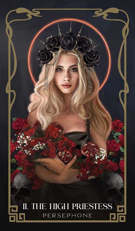 Tarot card featuring a woman with flowers and a dark background