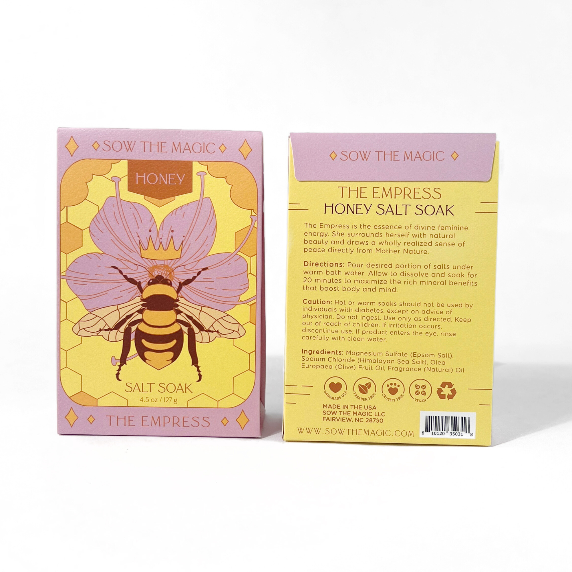 Two packaging boxes for 'The Empress Honey Salt Soak' with a bee illustration on a white background.