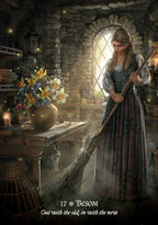 A woman in a vintage-style long dress stands in a rustic stone room holding a broom, with a table of flowers, candles, and a window behind her. Text at the bottom reads '17 ™ Besom Out with the old, in with the new'.