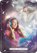 A tarot-style card titled 'Angel of Music' showing a woman in the foreground wearing blue headphones and smiling, with a winged angel in white robes floating in clouds in the background. Musical notes and abstract light effects decorate the artwork.