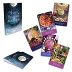 Set of tarot cards with colorful designs and a guidebook titled 'Happy Bedtime Mantras' on a white background.