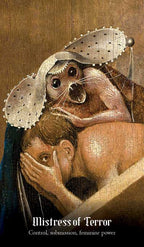 Artistic depiction of a woman with a seal on her head, labeled 'Mistress of Terror'.