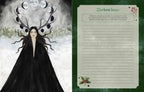 A split design showing an illustrated dark fantasy figure with antler-like horns and moon motifs on the left, and a lined journal page titled 'Darkest hour' with decorative floral corners on the right, set against a dark green textured background.