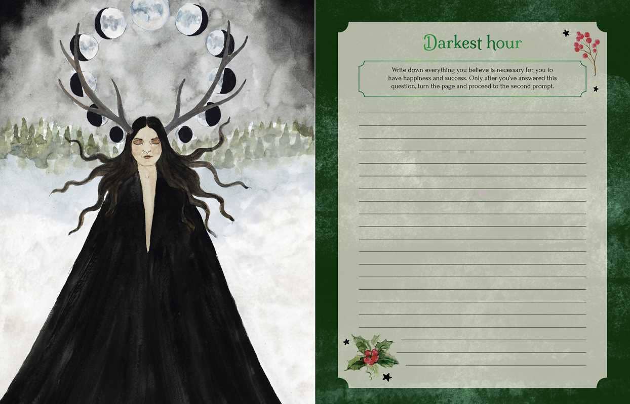 A split design showing an illustrated dark fantasy figure with antler-like horns and moon motifs on the left, and a lined journal page titled 'Darkest hour' with decorative floral corners on the right, set against a dark green textured background.