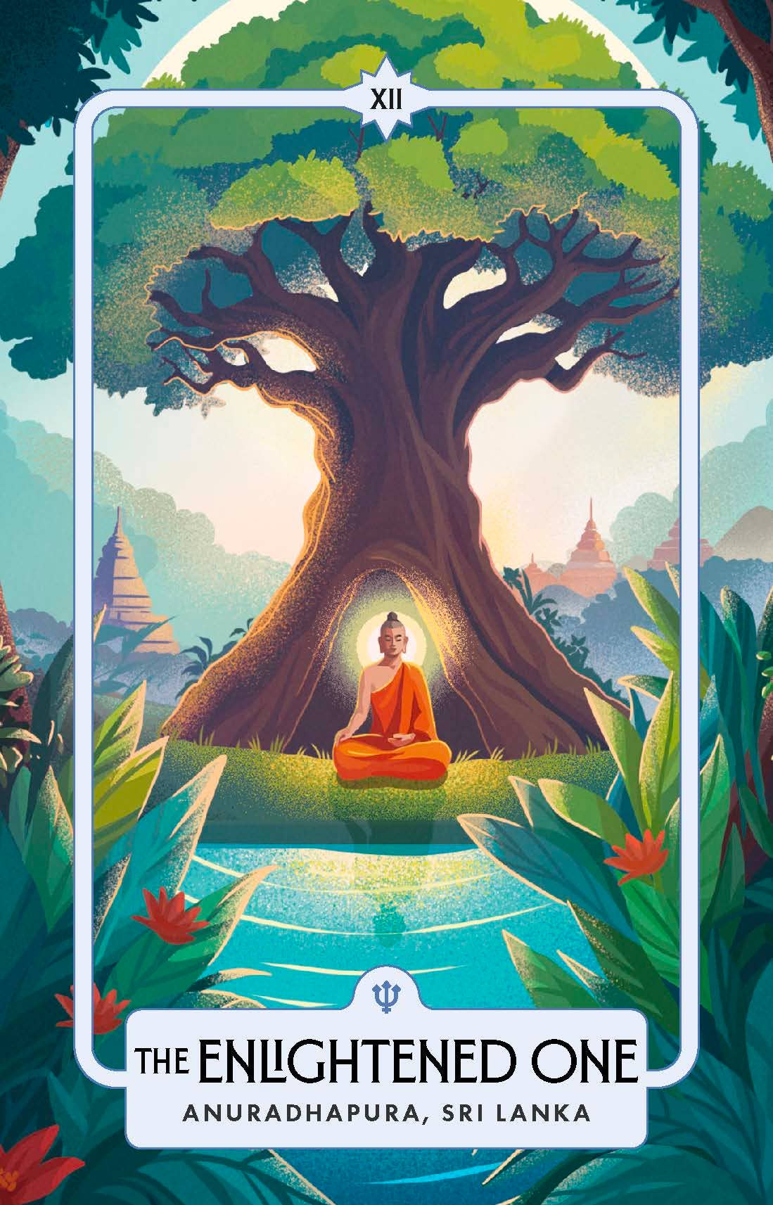Illustration of a monk under a large tree with a serene landscape.