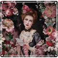 A square draw mat featuring a Victorian-style portrait of a woman with red hair, holding a letter, surrounded by large pink and red flowers, green leaves, and butterflies on a dark background. The print has a decorative white border with small black details.