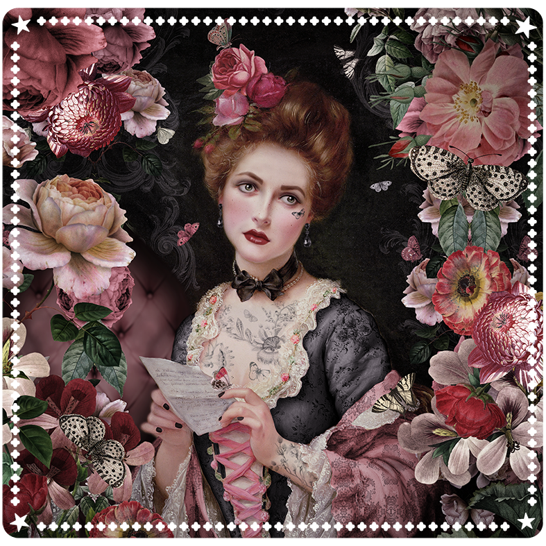 A square draw mat featuring a Victorian-style portrait of a woman with red hair, holding a letter, surrounded by large pink and red flowers, green leaves, and butterflies on a dark background. The print has a decorative white border with small black details.
