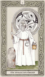 Card featuring a figure with a staff and basket, surrounded by intricate designs, from a tarot deck.