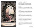 Tarot card titled 'IX The Hermit' with a person in a hooded robe sitting by a table, surrounded by text.
