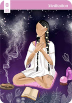 Illustration of a person meditating with a purple background and 'Meditation' text.