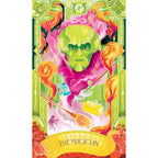 Colorful tarot card featuring a character with a broom and wand, labeled 'The Magician'.