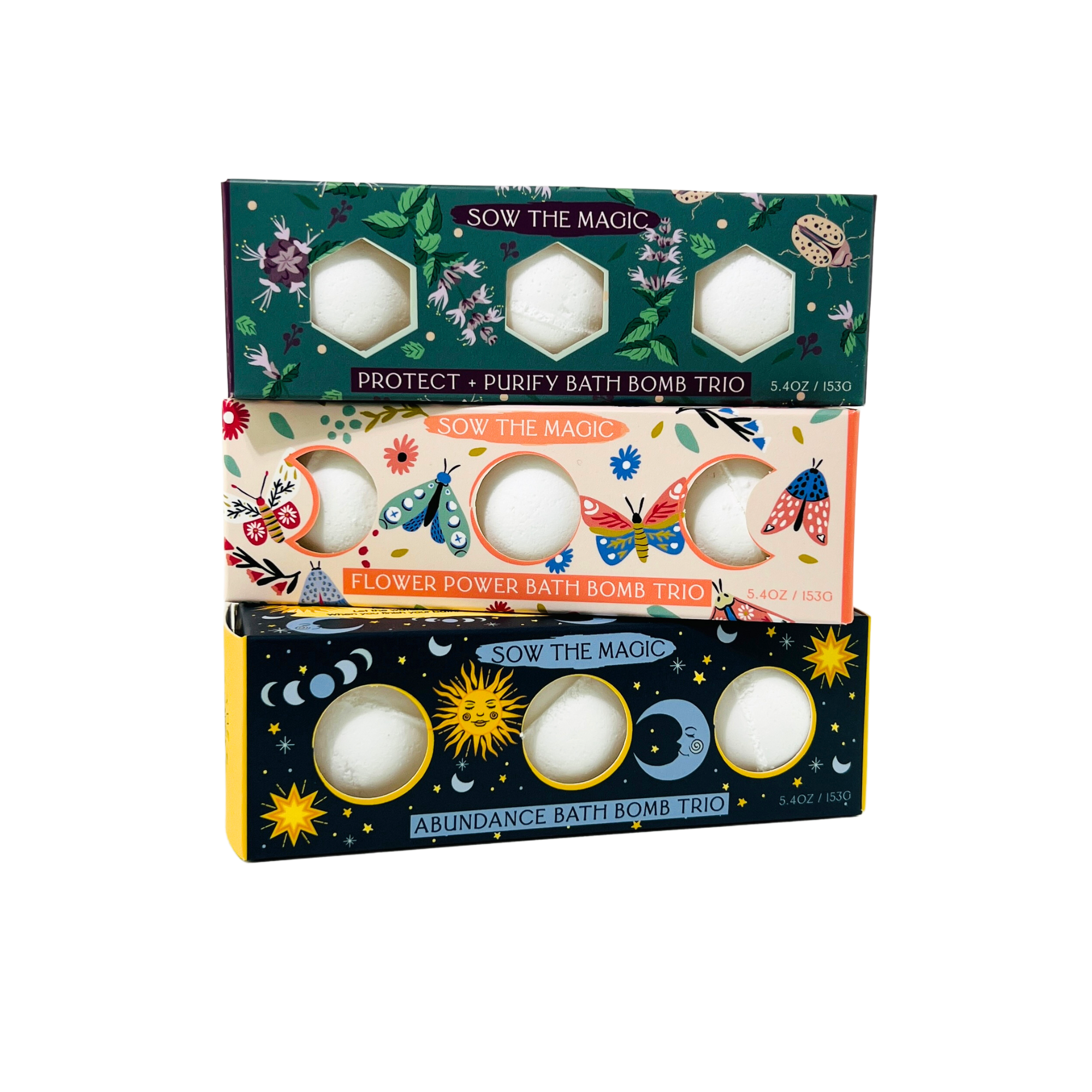 Three bath bomb sets in colorful packaging with decorative designs on a white background.