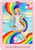 Cartoon character in a polka dot dress standing on a rainbow with balloons and clouds in the background.