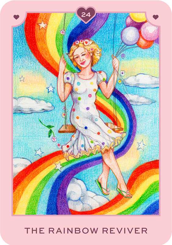 Cartoon character in a polka dot dress standing on a rainbow with balloons and clouds in the background.