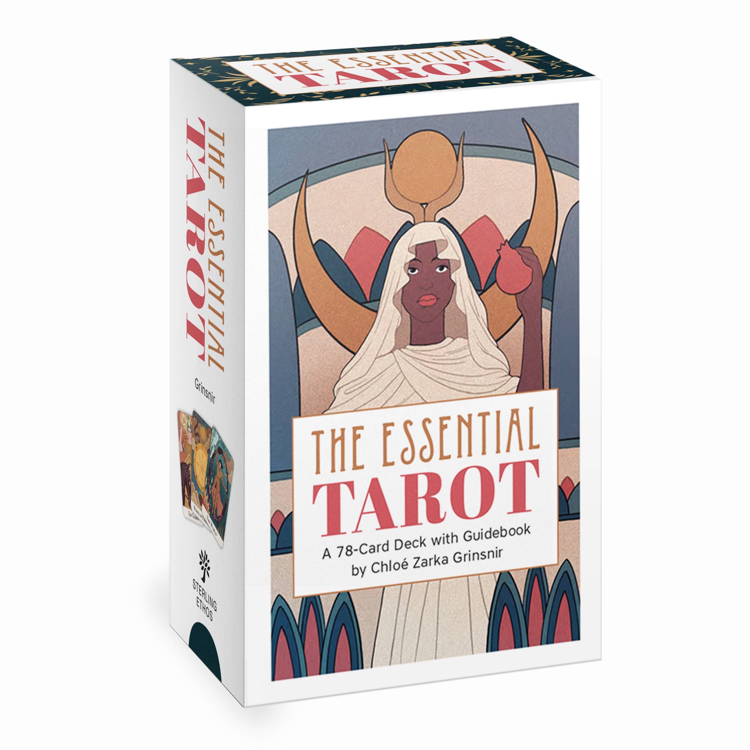Box of 'The Essential Tarot' with a tarot card illustration on a white background