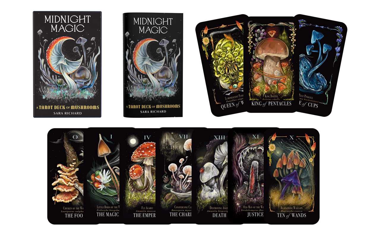 Collection of 'Midnight Magic' tarot cards with mushroom-themed artwork on a white background.