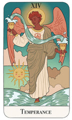 Tarot card featuring an angel with wings, holding cups and a serpent, with 'Temperance' at the bottom.