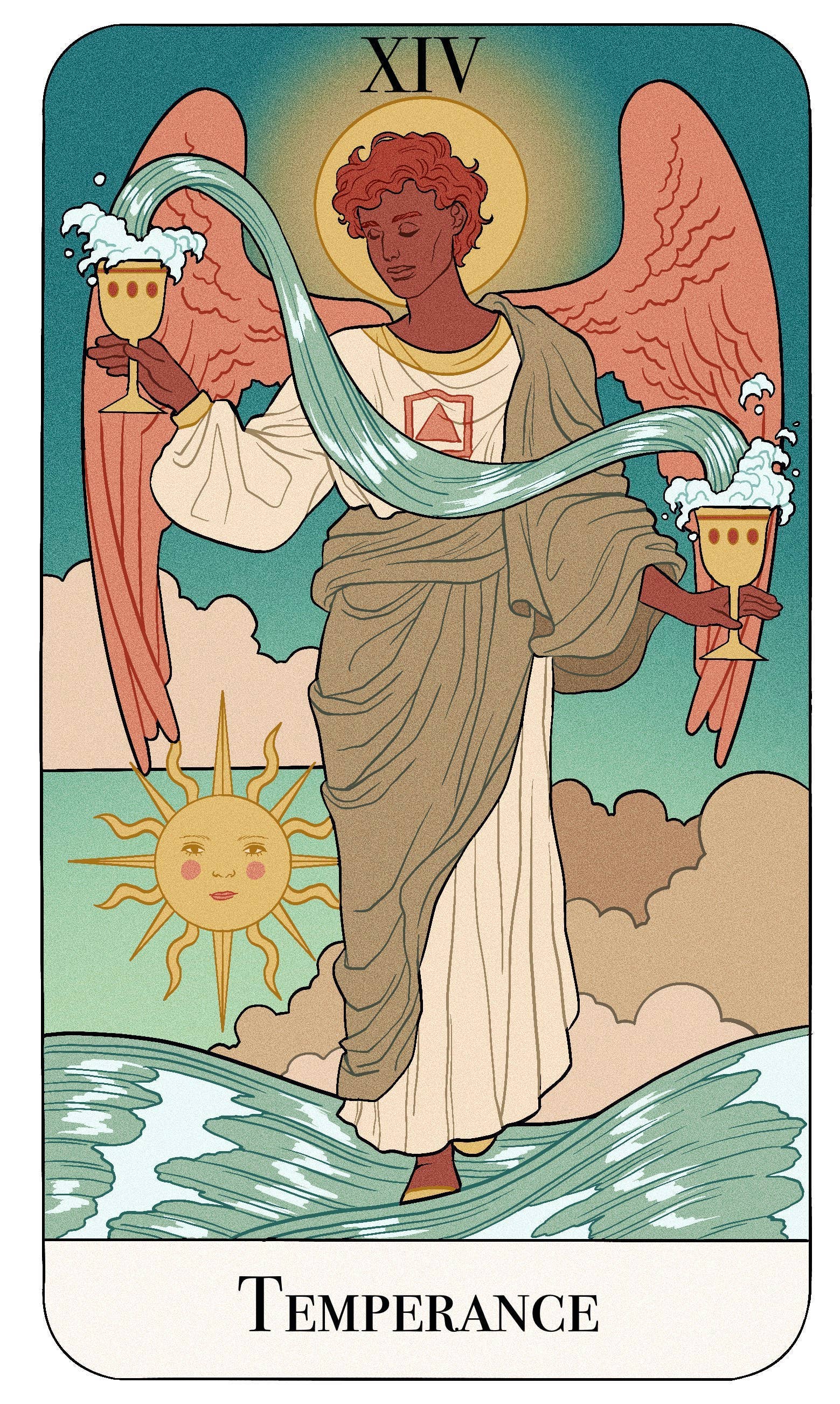 Tarot card featuring an angel with wings, holding cups and a serpent, with 'Temperance' at the bottom.