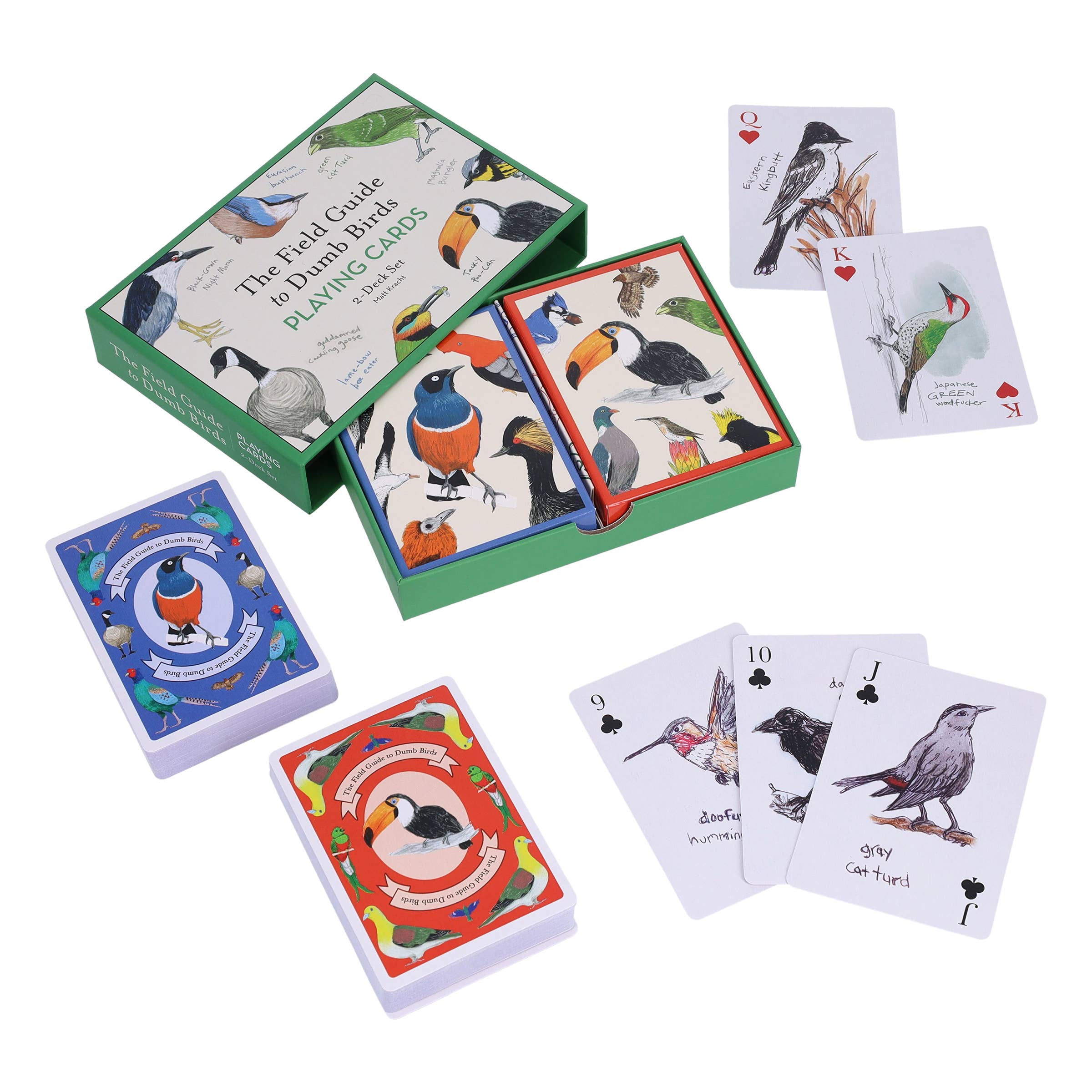 Bird-themed playing cards with a box on a white background