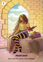 Card featuring a princess with a sword and shield, sitting on a bed in a castle room.