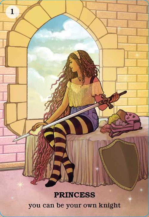 Card featuring a princess with a sword and shield, sitting on a bed in a castle room.