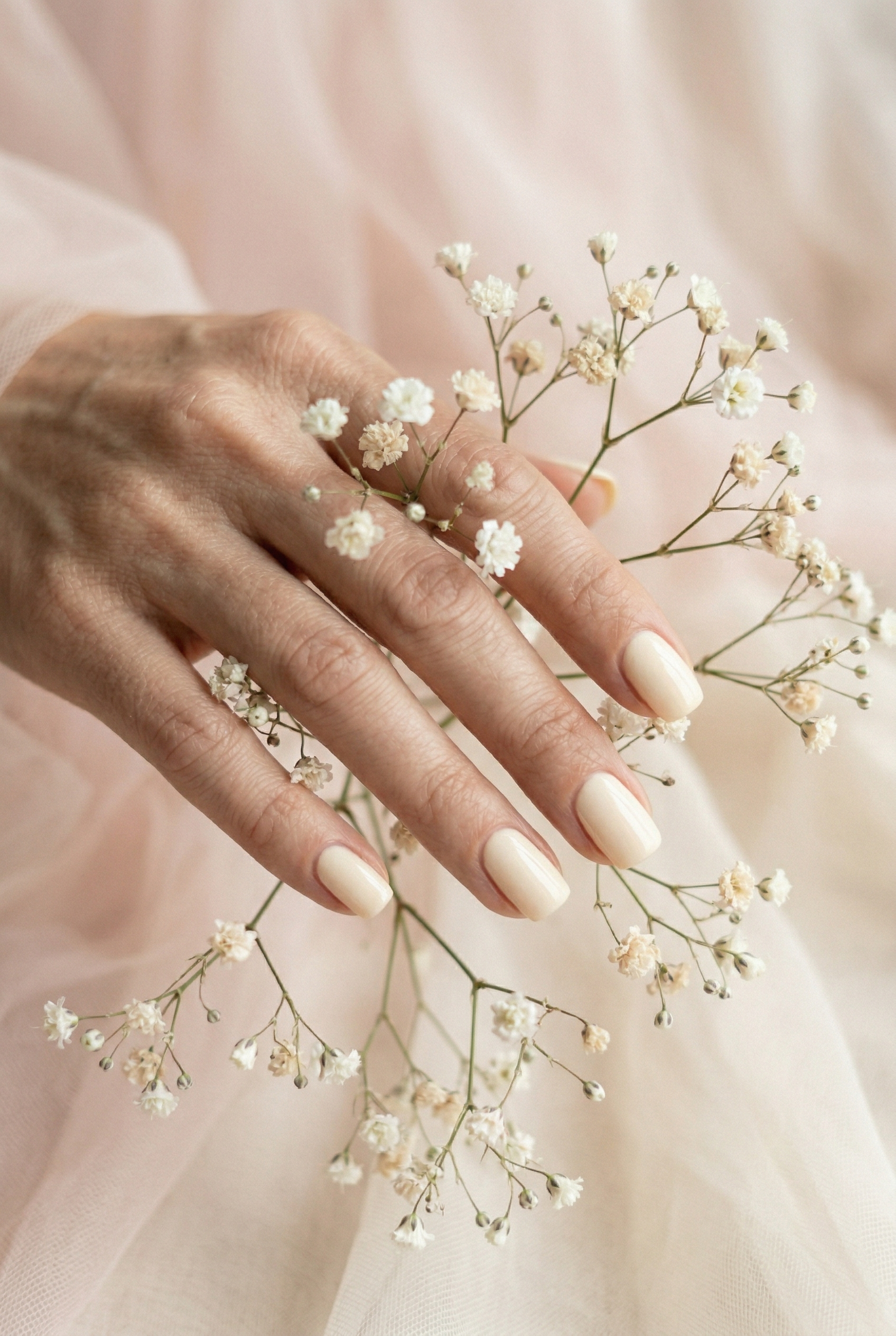 Hand with light manicure holding a small branch of white flowers against a soft pink background