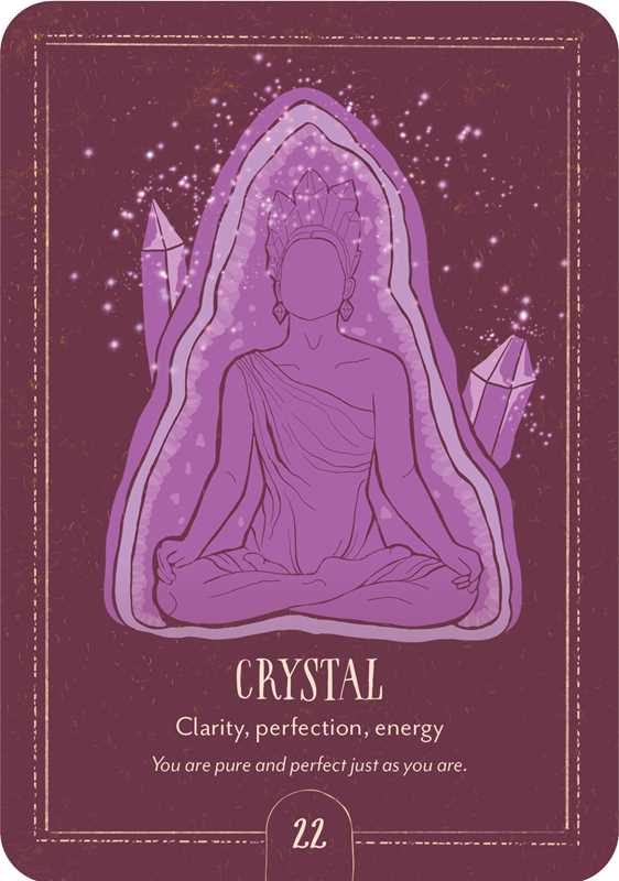 Card with a purple outline of a meditating figure and crystals on a purple background