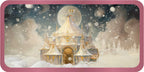 Fantasy castle in a snowy landscape with a pink border