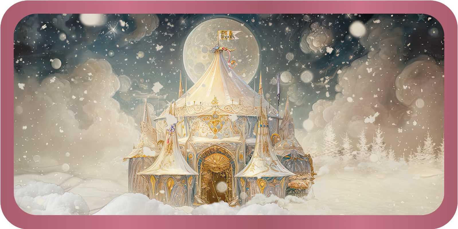 Fantasy castle in a snowy landscape with a pink border