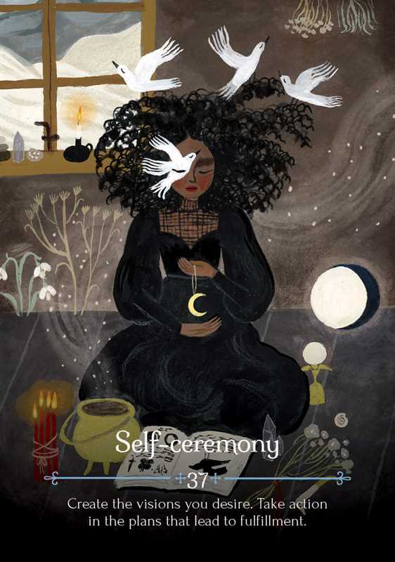 Illustration of a person with dark hair and a crescent moon symbol, surrounded by nature elements and text about self-ceremony.