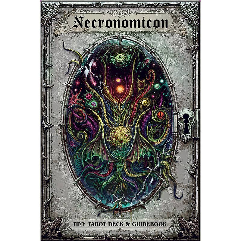 Cover of 'Necronomicon' with intricate design and text on a white background