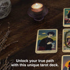 Tarot cards on a wooden surface with a lit candle, herbs, and text overlay.