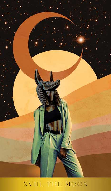 Person wearing a mask with a desert landscape and moon phases in the background