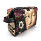 Cosmetic bag with floral and face design on a white background