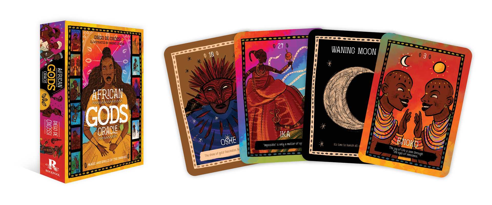 Set of tarot cards with colorful designs and 'African Gods' text on a white background