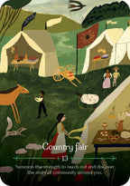 Illustration of a country fair with tents, people, and animals in a green landscape.