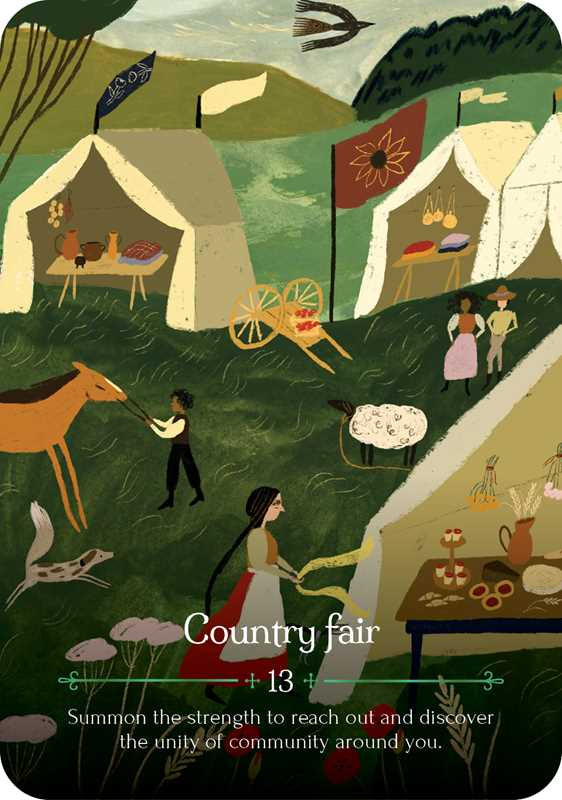 Illustration of a country fair with tents, people, and animals in a green landscape.