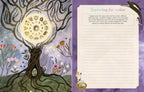 Illustrated book open to a page about the zodiac with a tree design on a purple background.