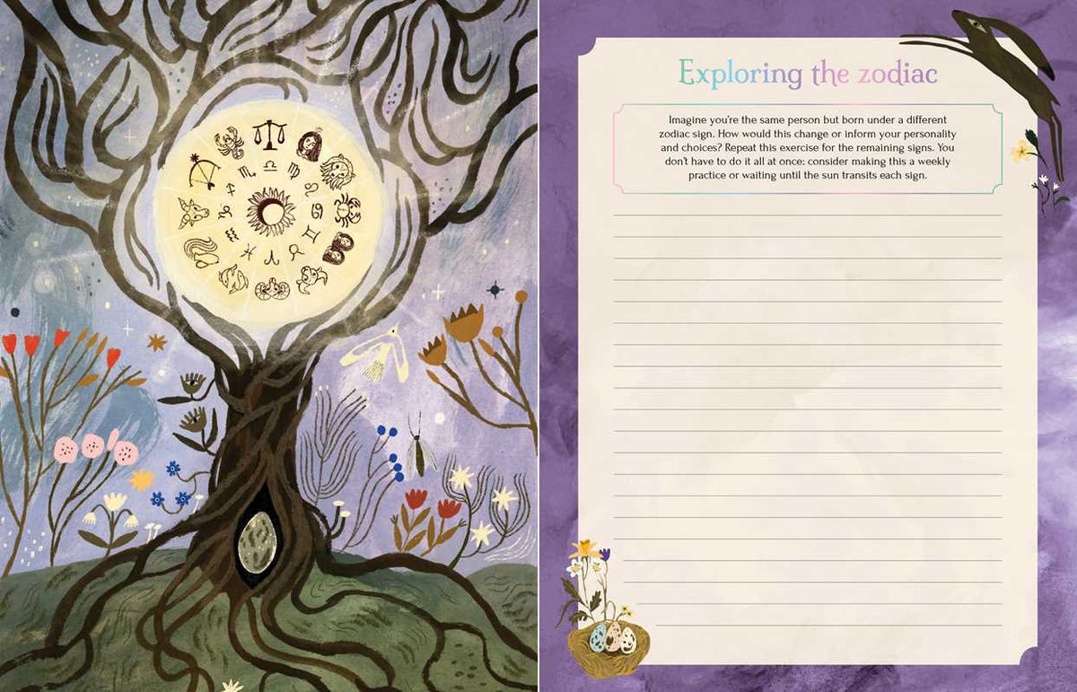 Illustrated book open to a page about the zodiac with a tree design on a purple background.