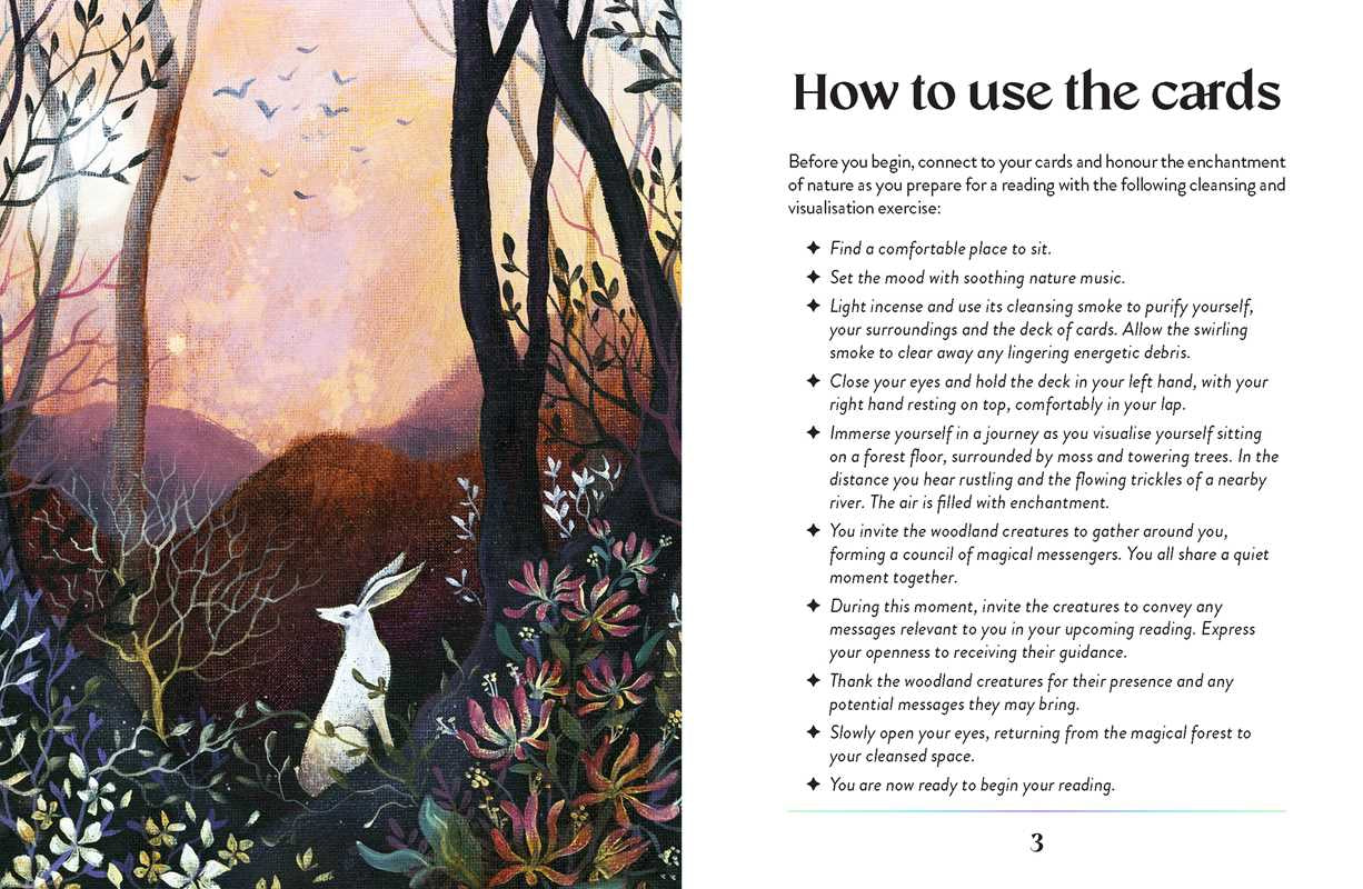 Magical forest scene with a deer and rabbit, accompanied by text on how to use cards.