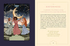 Card featuring three women holding a crescent moon with text on a dark blue background